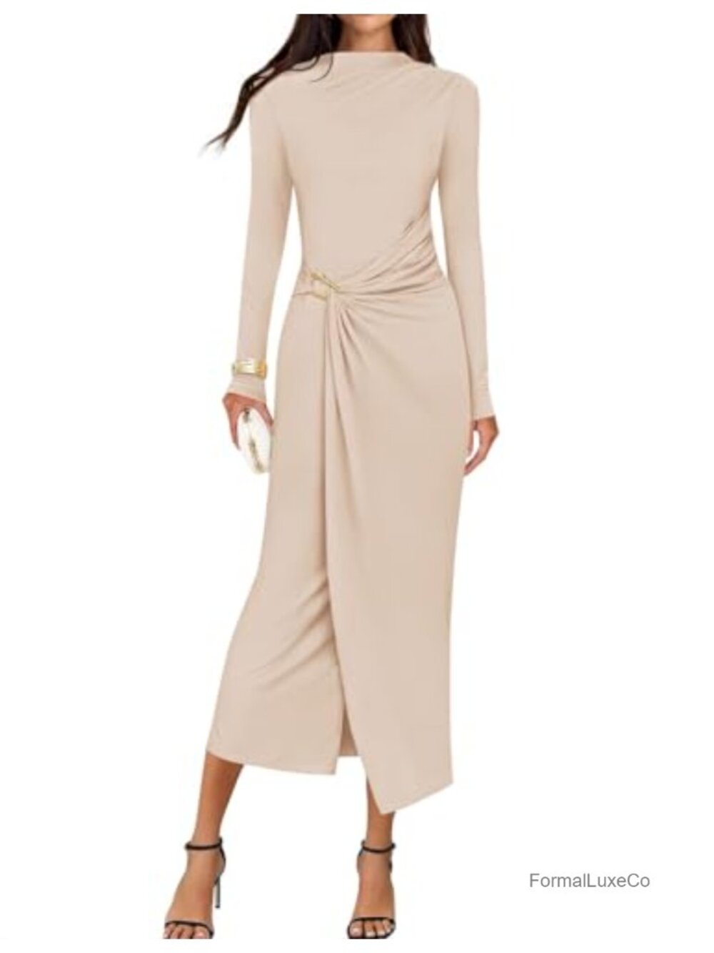 Womens Mock Neck Ruched Long Sleeve Bodycon Midi Cocktail Dress